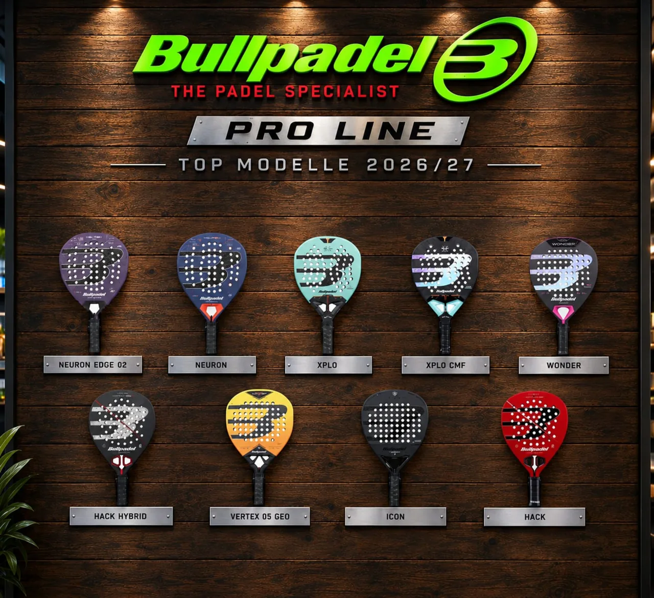 Bullpadel Pro Line, Top-Modelle 2026/27: Neuron Edge 02, Neuron, Xplo, Xplo CMF, Wonder, Hack Hybrid, Vertex 05 Geo, Icon und Hack