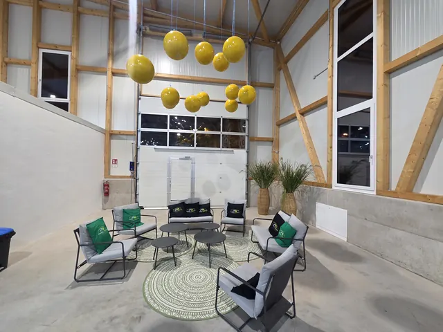 Lounge mit Sitzgruppe, Pflanzen und gelben Ballon-Lampen